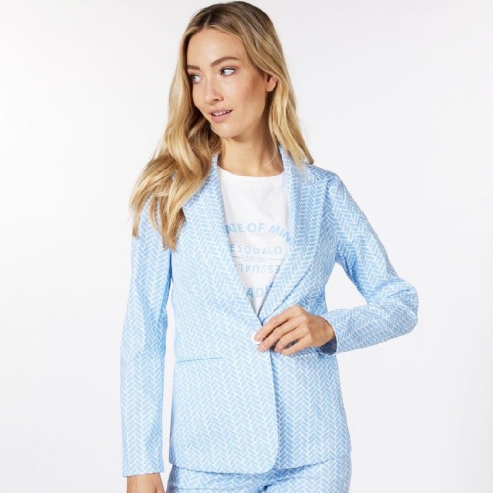 Esqualo Women’s 14 Stretch Block Print Light Blue & White Lightweight Blazer NWT